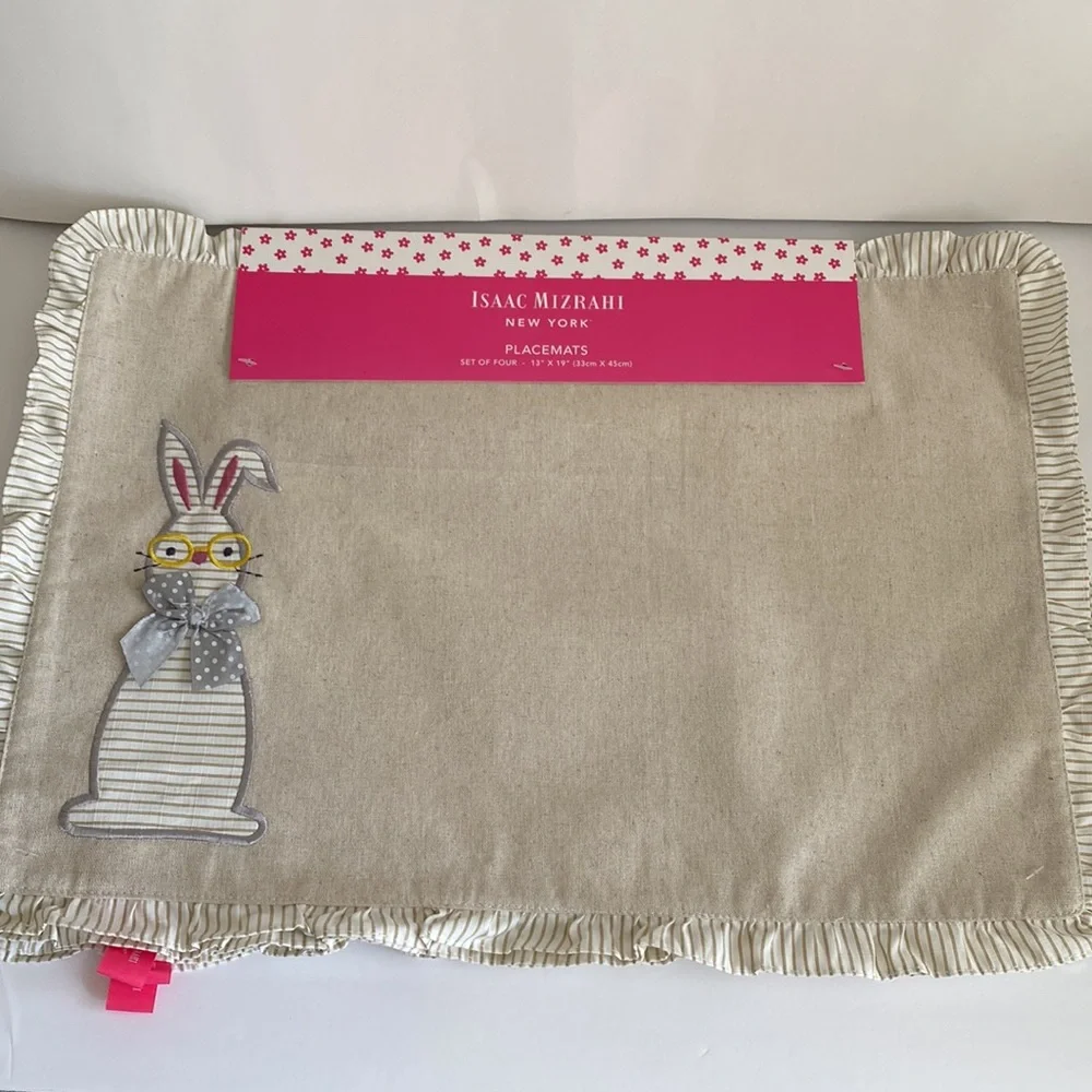 Isaac Mizrahi Bunny Rabbit Placemats Set of 4 Easter Bow Glasses